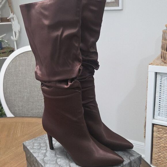 AZALEA WANG Chocolate Brown Nylon Tall Slouchy Knee High Stiletto Boots, NIB - Picture 5 of 7